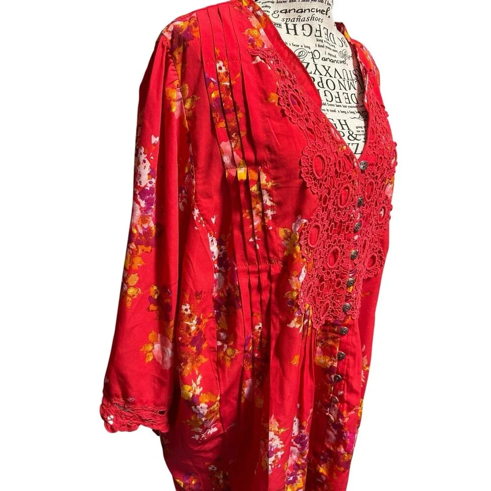 Roaman's Womens Blouse SZ 24W Tropical Floral Coral Lace Bib Resortwear
